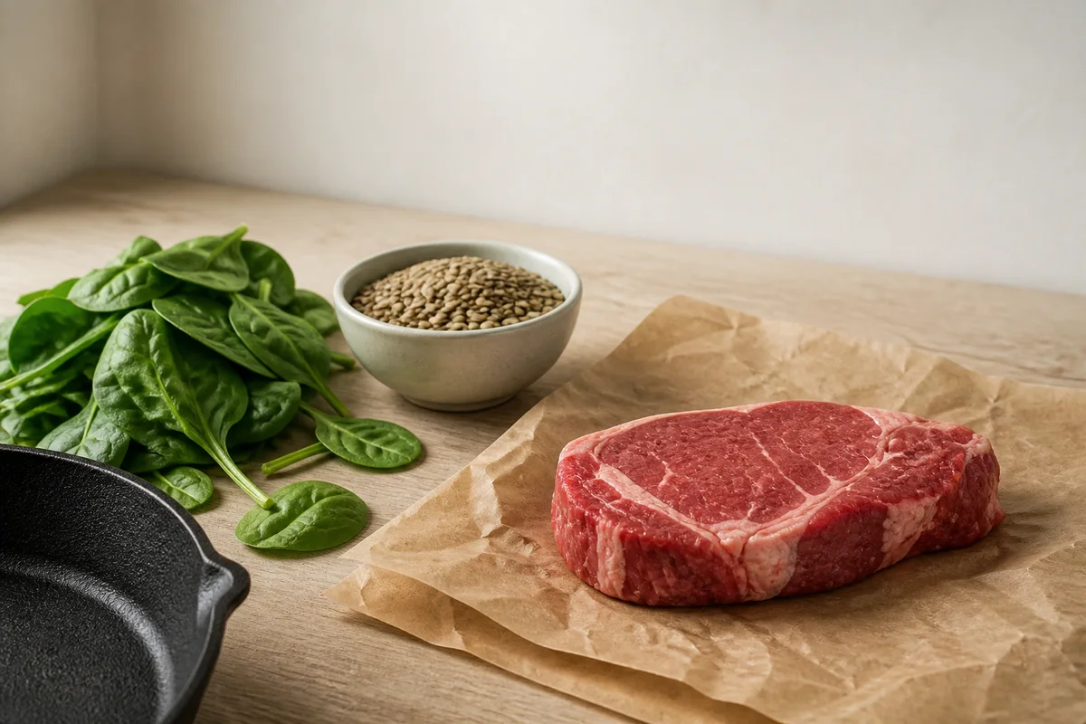 Spinach, lentils and steak: iron-rich foods on a kitchen table