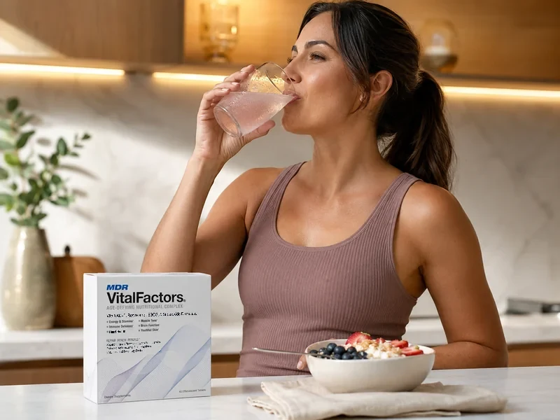 Woman in a sunlit kitchen drinking her morning VitalFactors