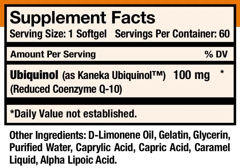 MDR Active Co-Q10 Supplement Facts: 100 mg Ubiquinol (as Kaneka Ubiquinol) per softgel, 60 softgels